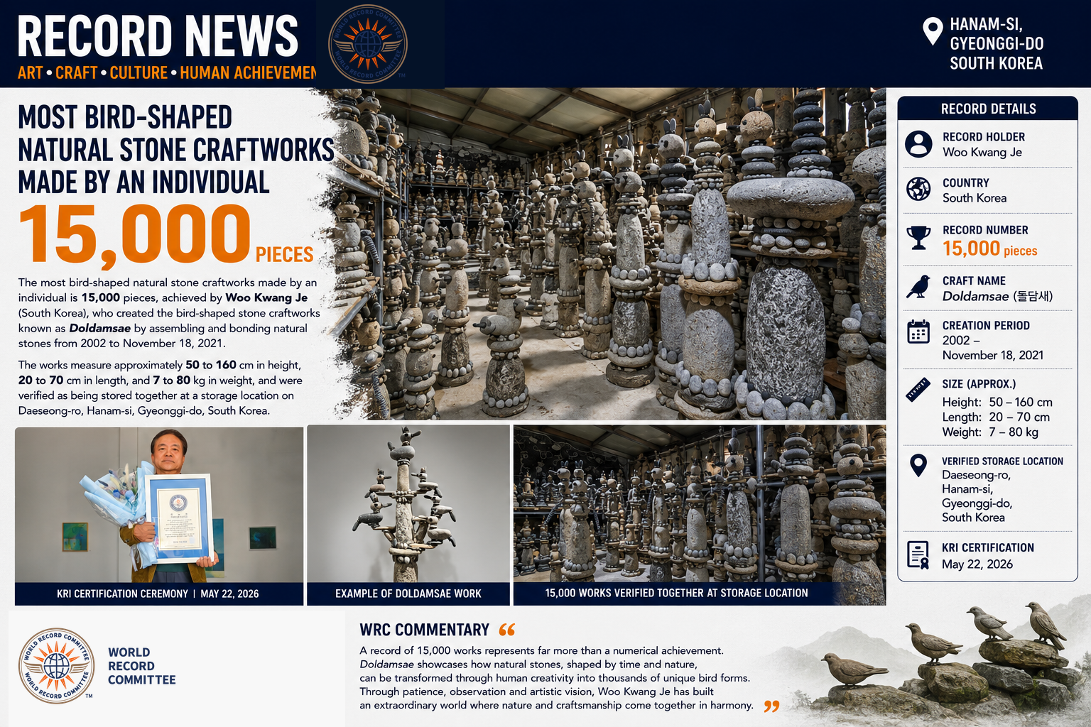Most bird-shaped natural stone craftworks made by an individual